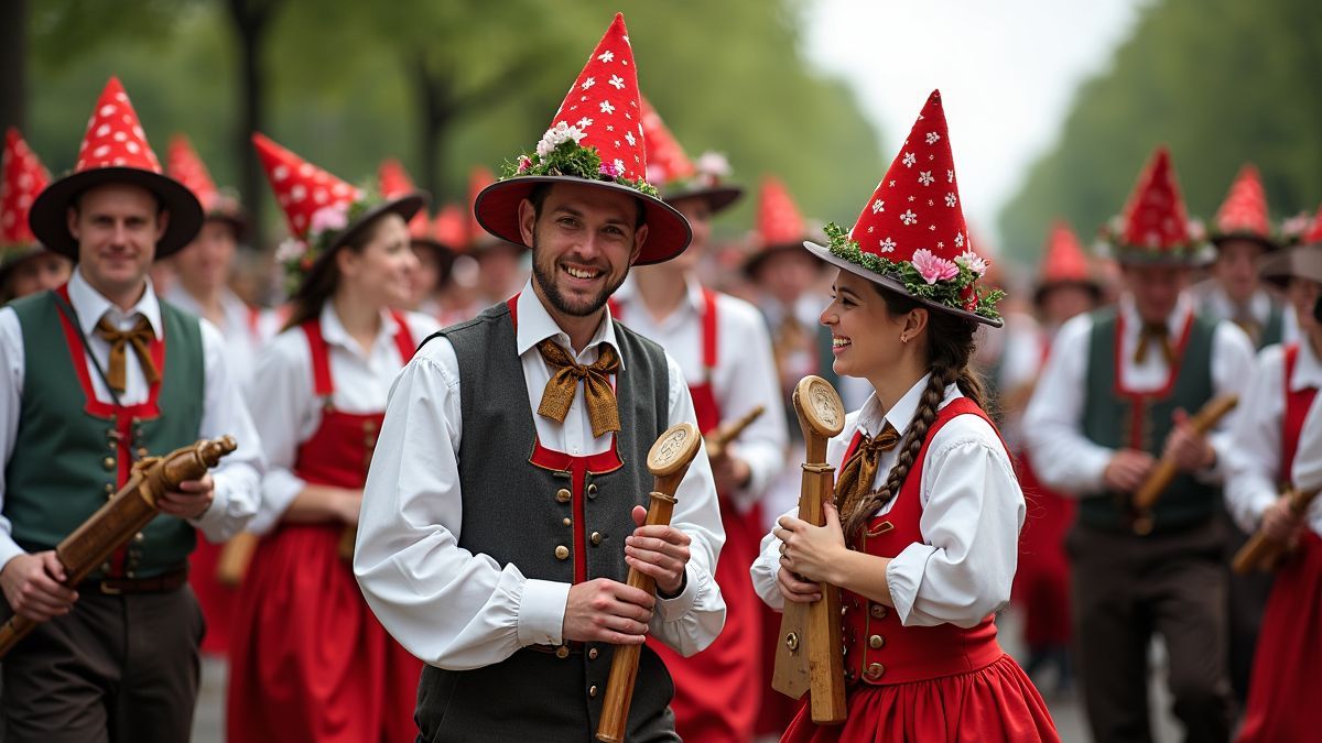 Een levendig festival in België dat traditionele kostuums en muziek toont