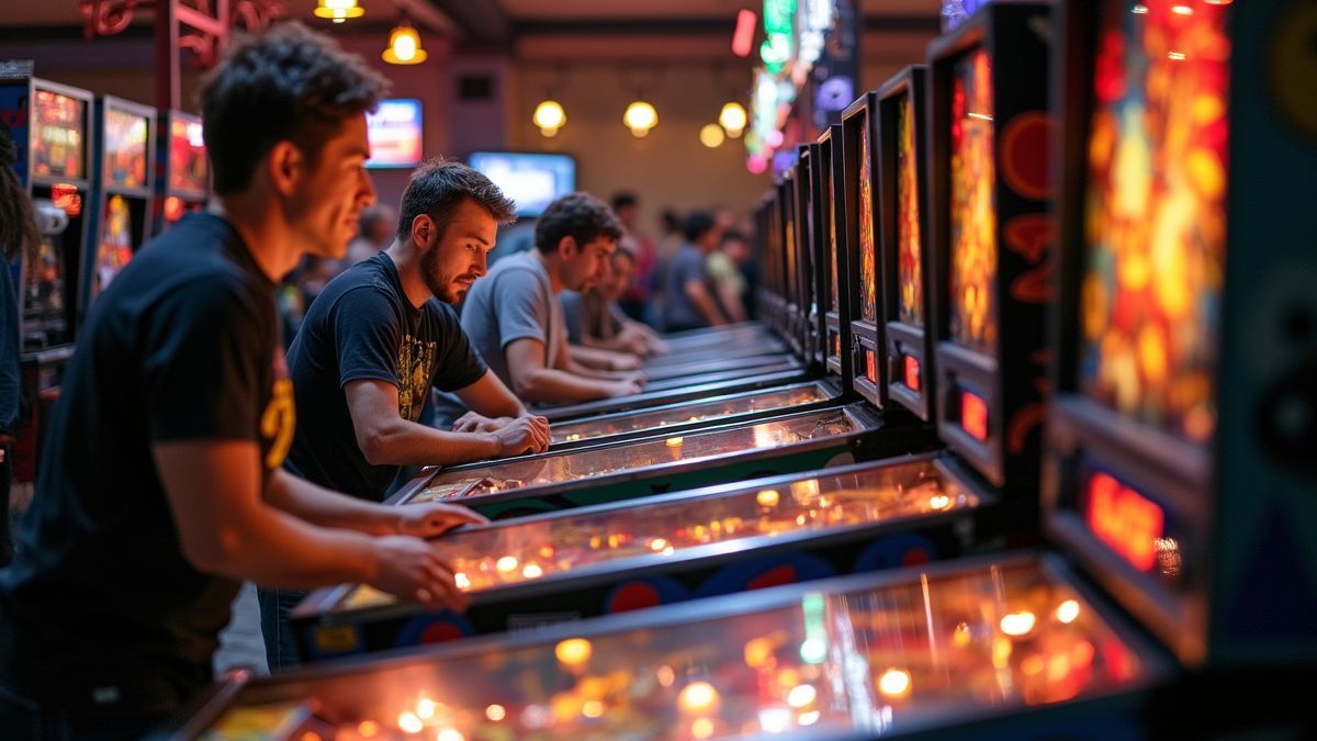 Een levendig flippertoernooi met spelers die gefocust zijn op hun spel