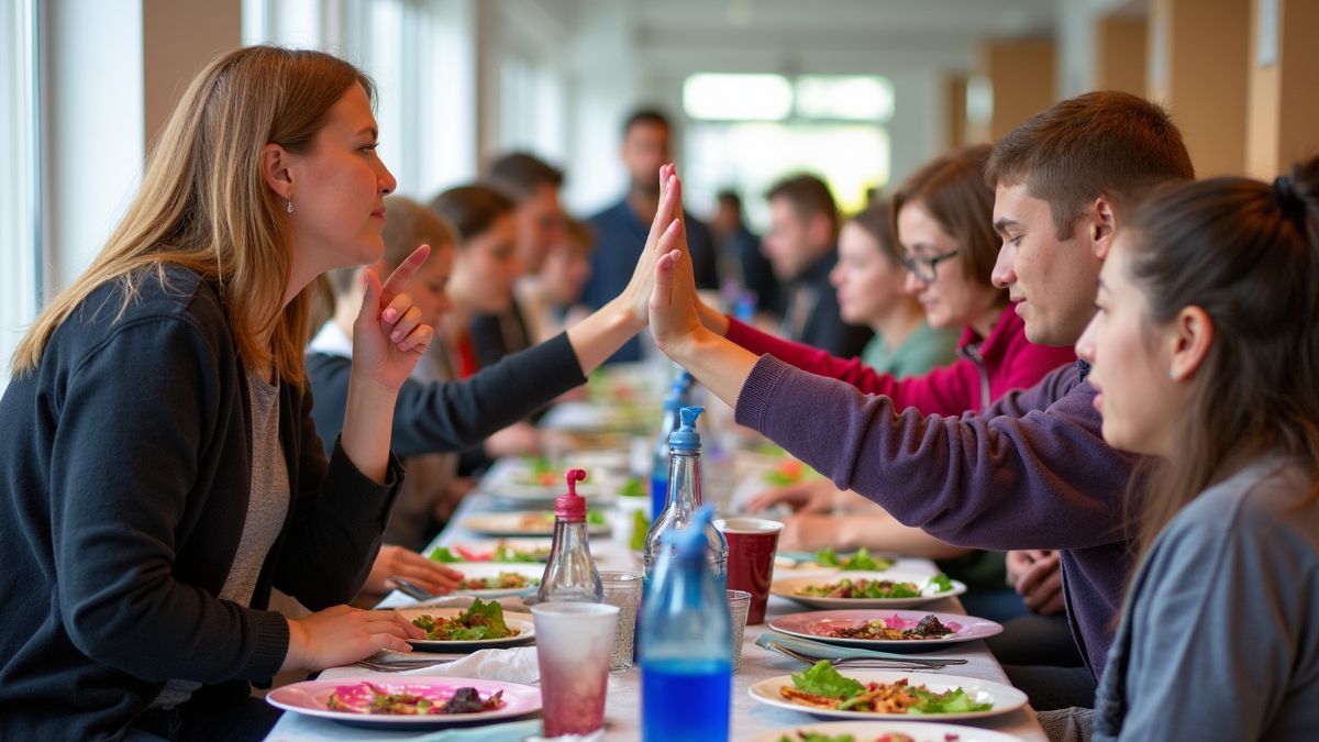 Een levendig gemeenschaps evenement ter ere van gebarentaal, met een hoopvolle sfeer.