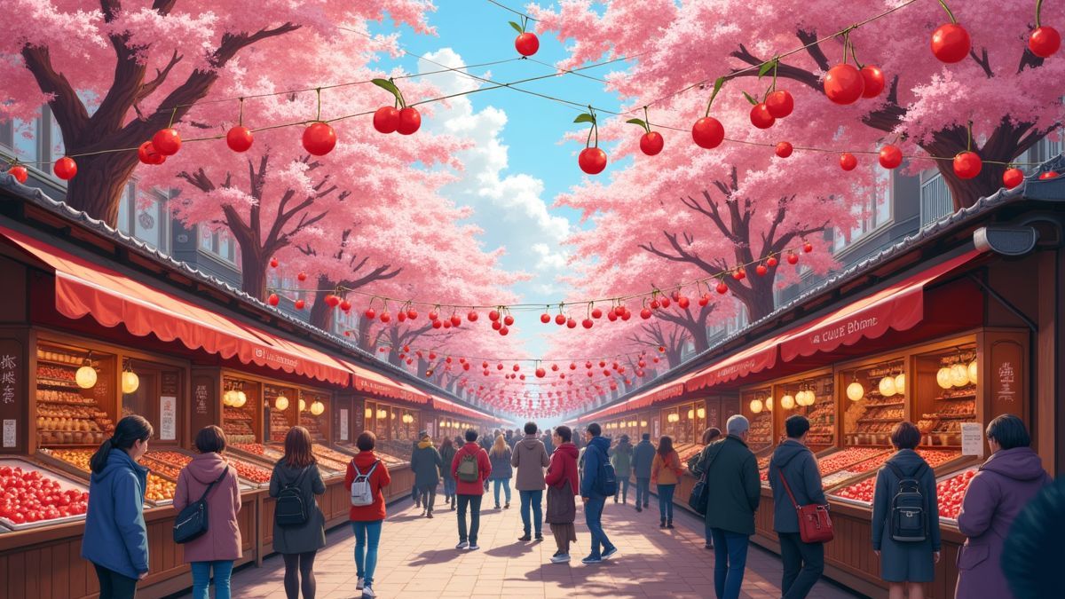 Een levendig kersenfestival met mensen die genieten van kersengerechten