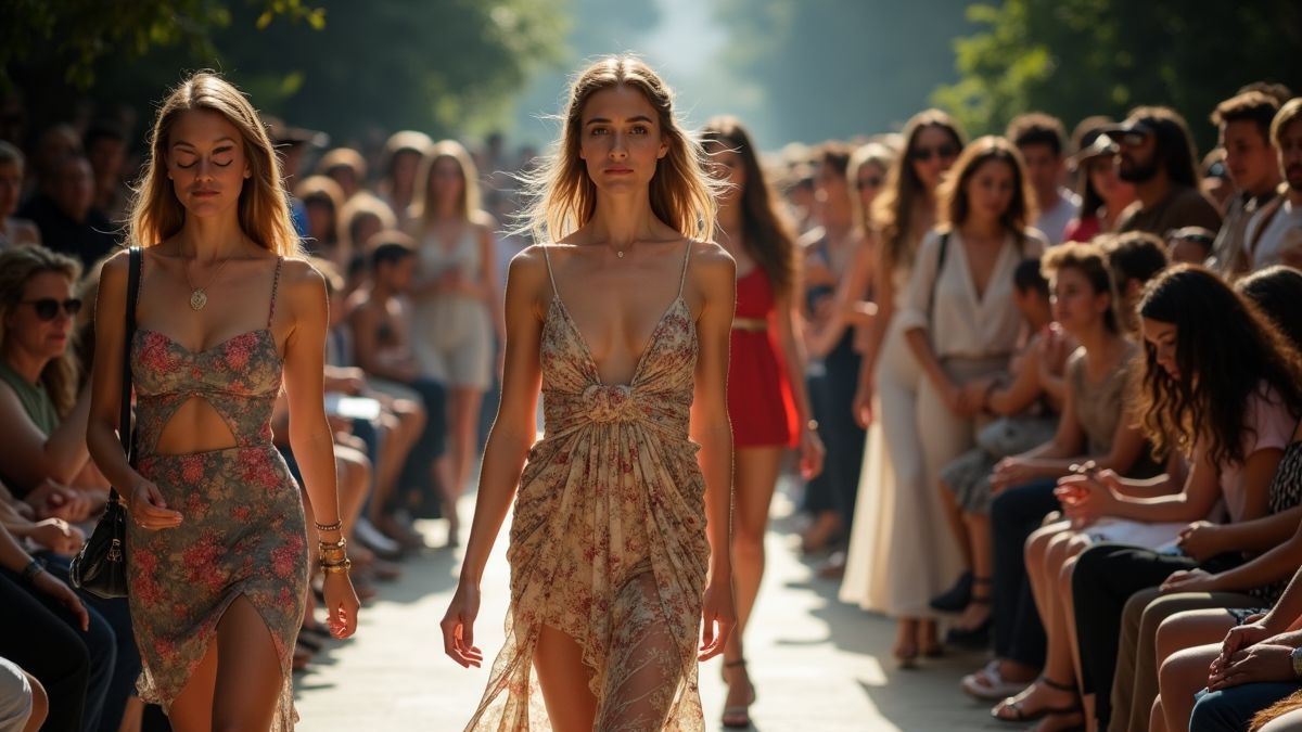 Een levendig mode evenement waar mensen hun outfits tonen.