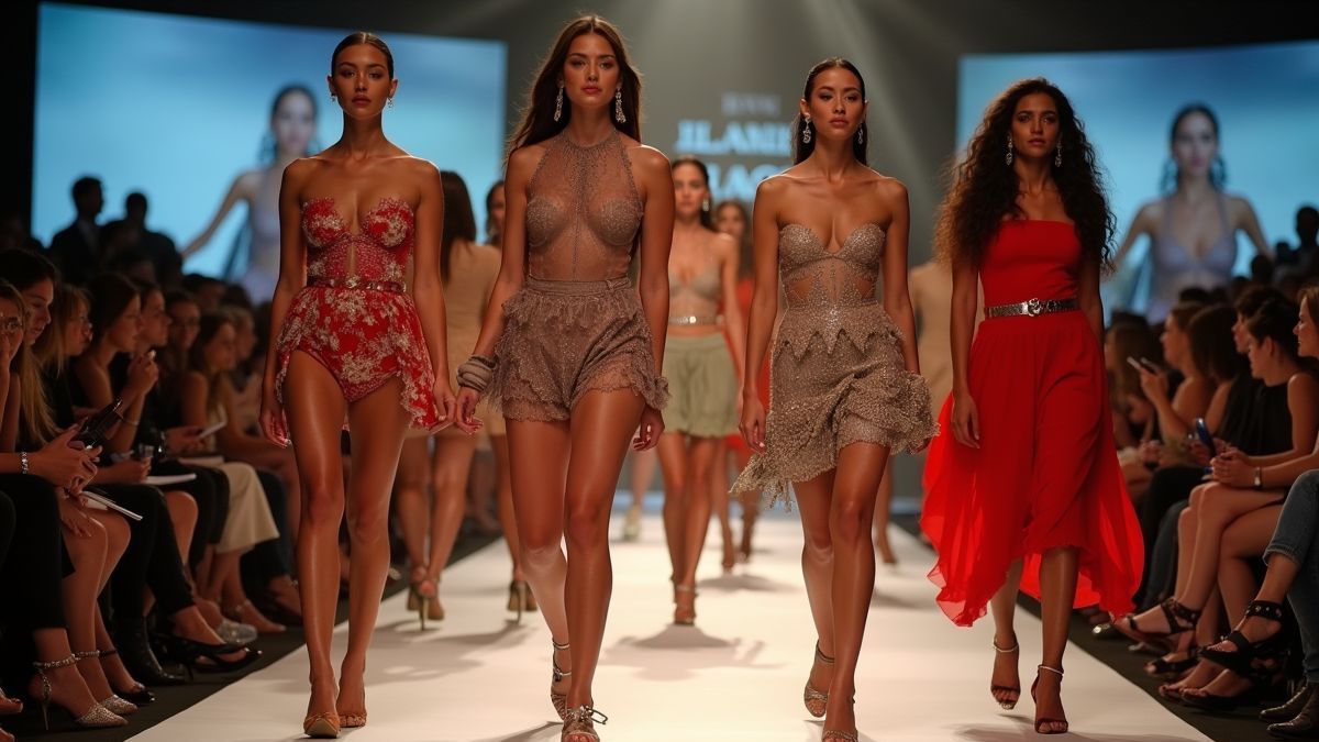 Een levendig mode evenement waar mensen hun outfits tonen.