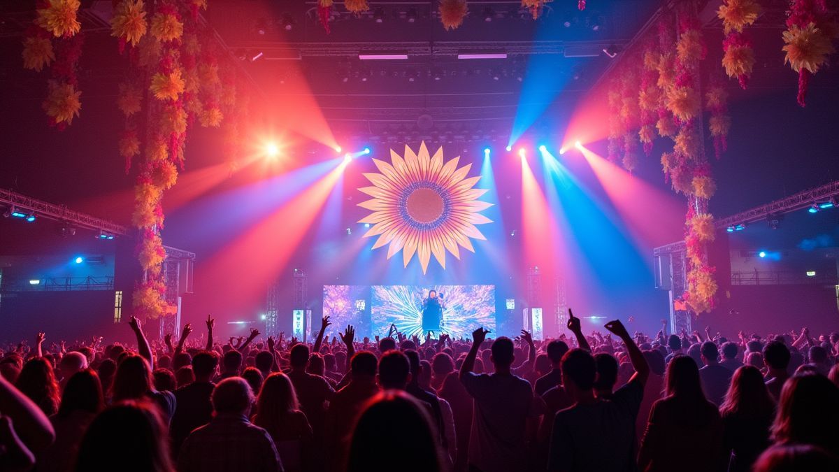 Een levendig muziekfestival met kleurrijke decoraties