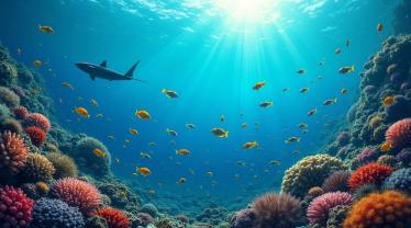 Een onderwater scène met diverse waterdieren