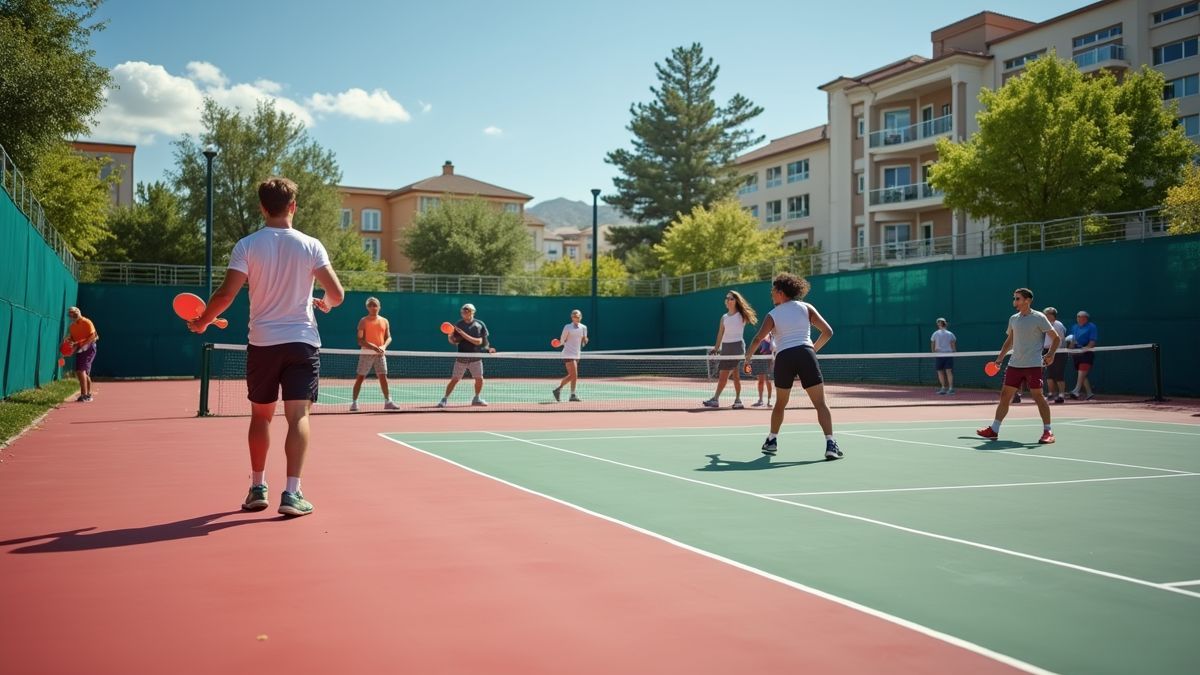 Een levendig pickleballveld met spelers die strijden