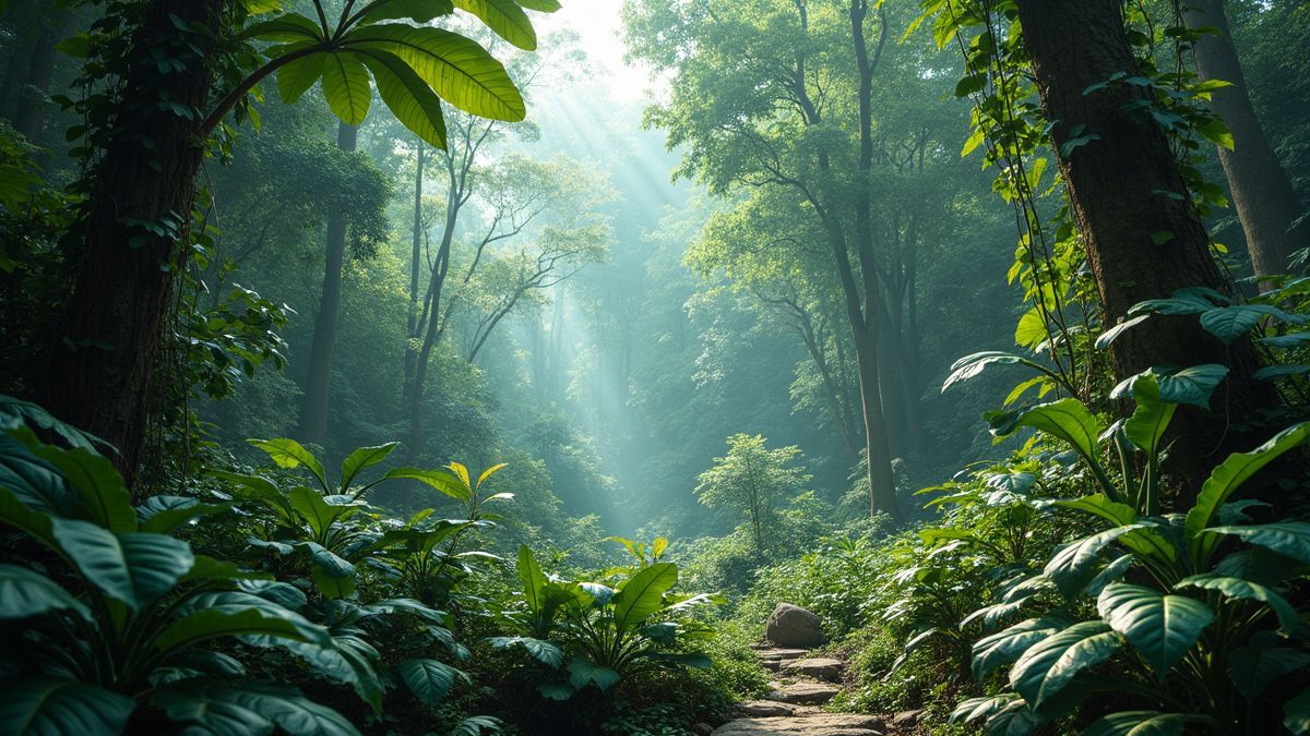 Een levendig regenwoud met diverse soorten en groene begroeiing