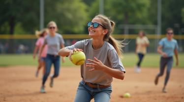 Een levendig softbalspel in een lokaal park, waar diverse spelers samen genieten van de sport