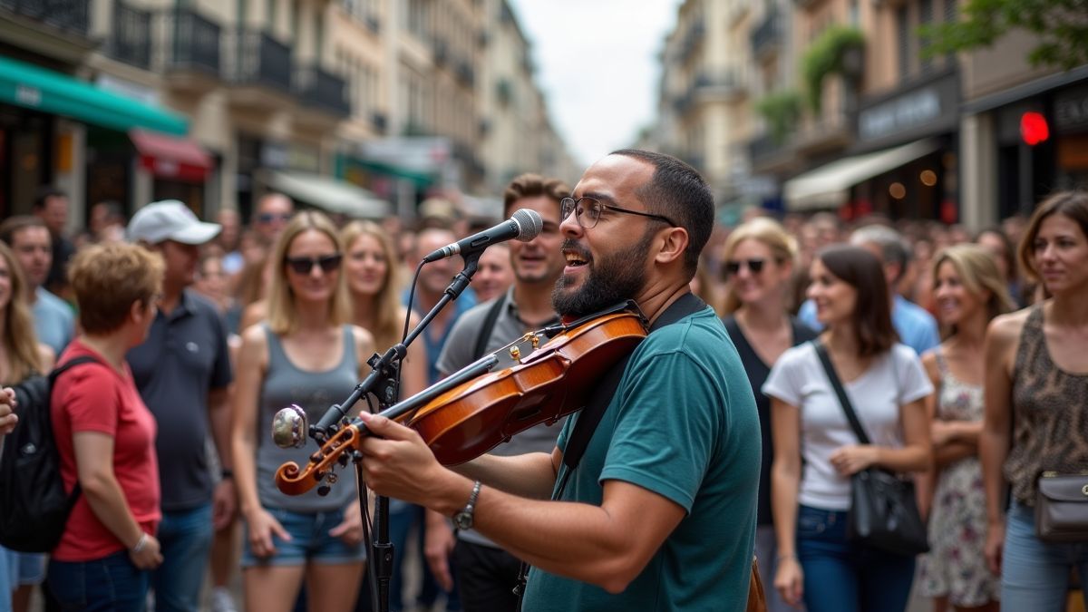 Een levendig straatconcert met een diverse menigte die geniet van de muziek