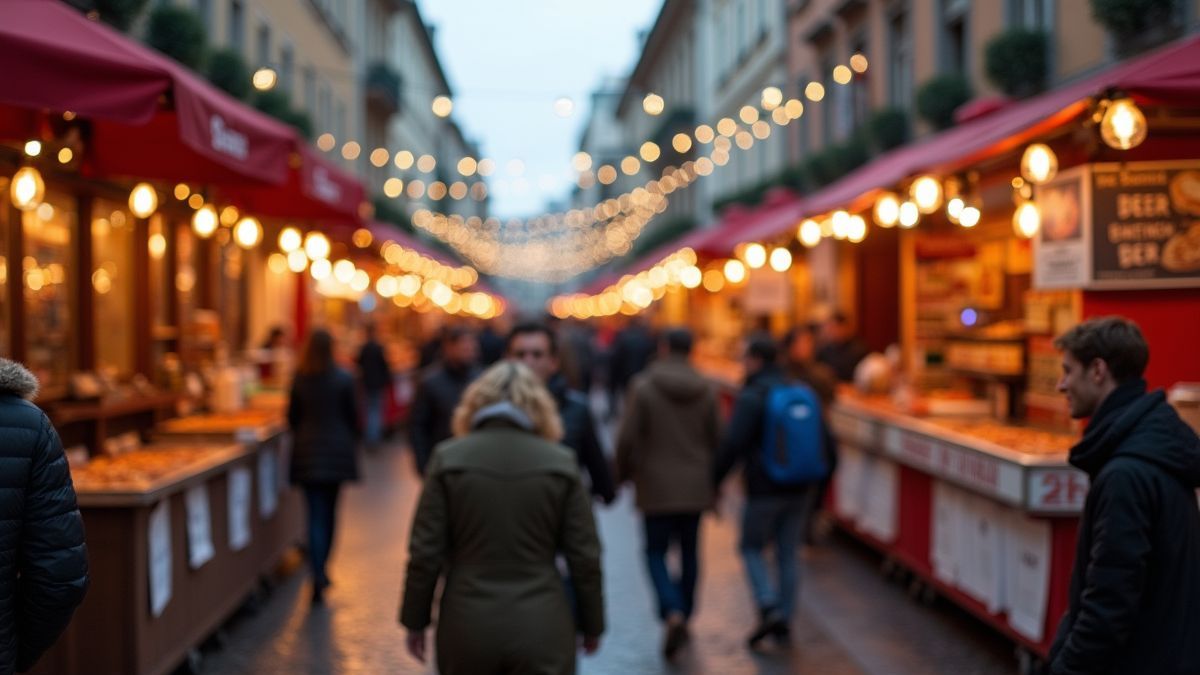 Een levendig straatfestival met kraampjes die bier en pizza aanbieden