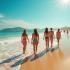 Een levendig strand ziet er zonnig uit met mensen in kleurrijke bikini's