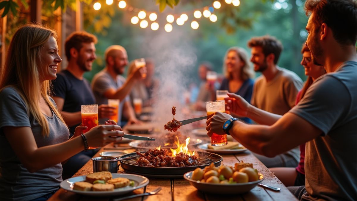 Een levendige barbecue bijeenkomst ter ere van Amerikaanse Redneck Dag met vrienden die genieten van eten en drank.