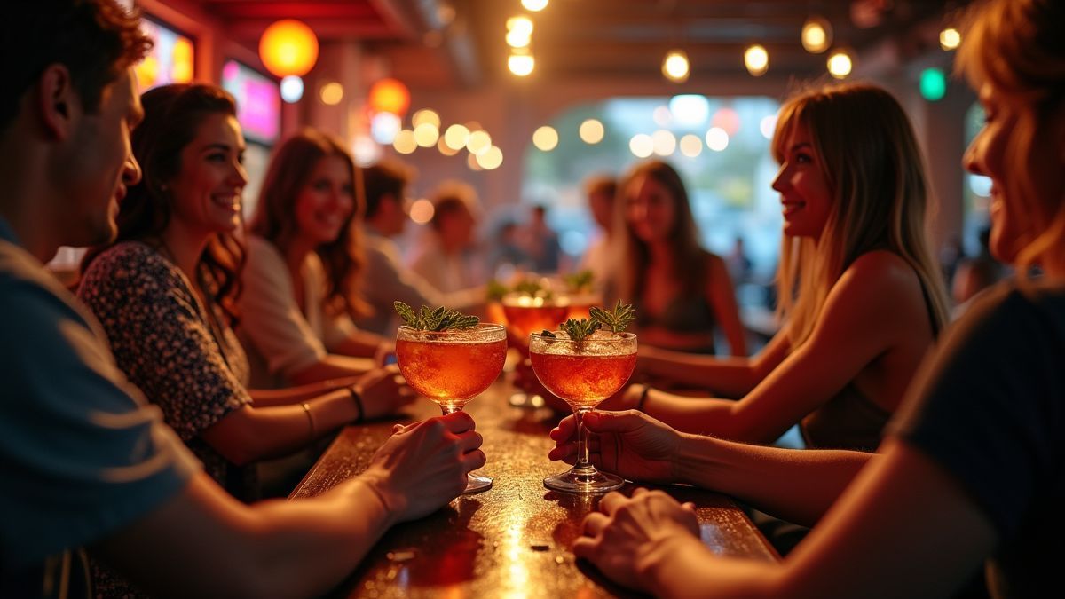 Een levendige barscène met mensen die genieten van vodka-cocktails