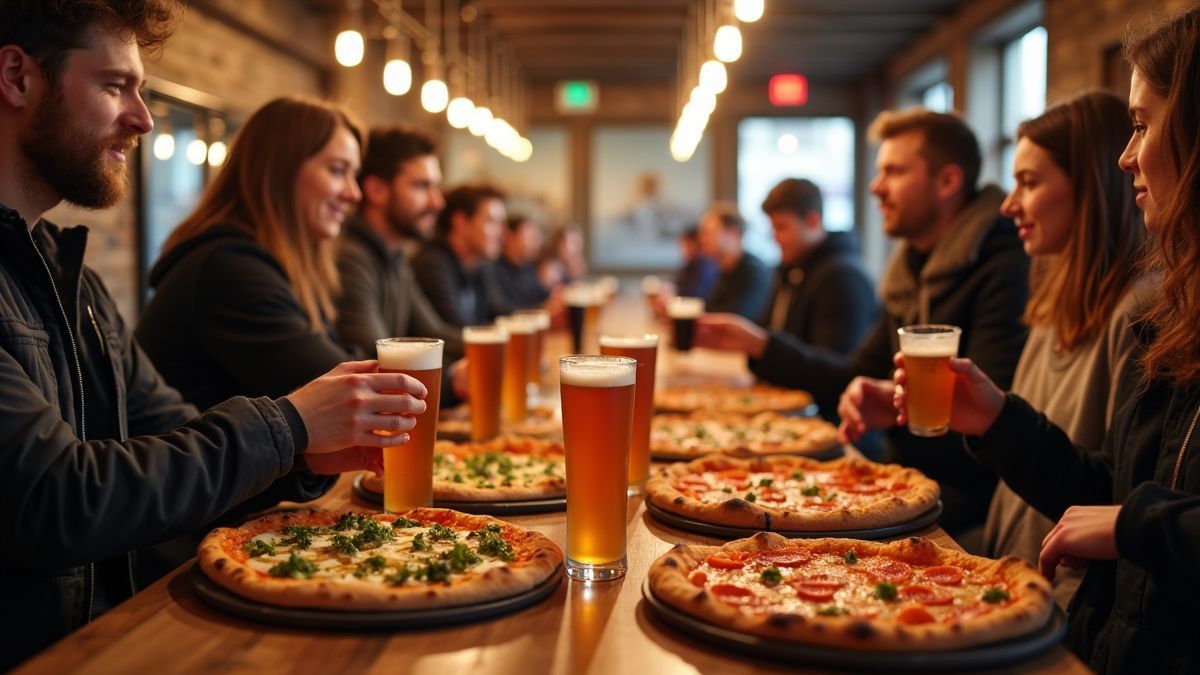 Een levendige Belgische brouwerij met mensen die verschillende bieren en pizza's proeven