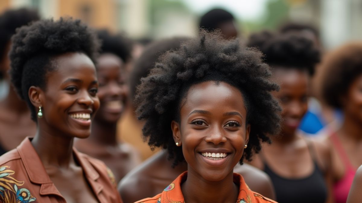 Een levendige bijeenkomst die diverse Afrokapsels en culturele uitdrukkingen toont.