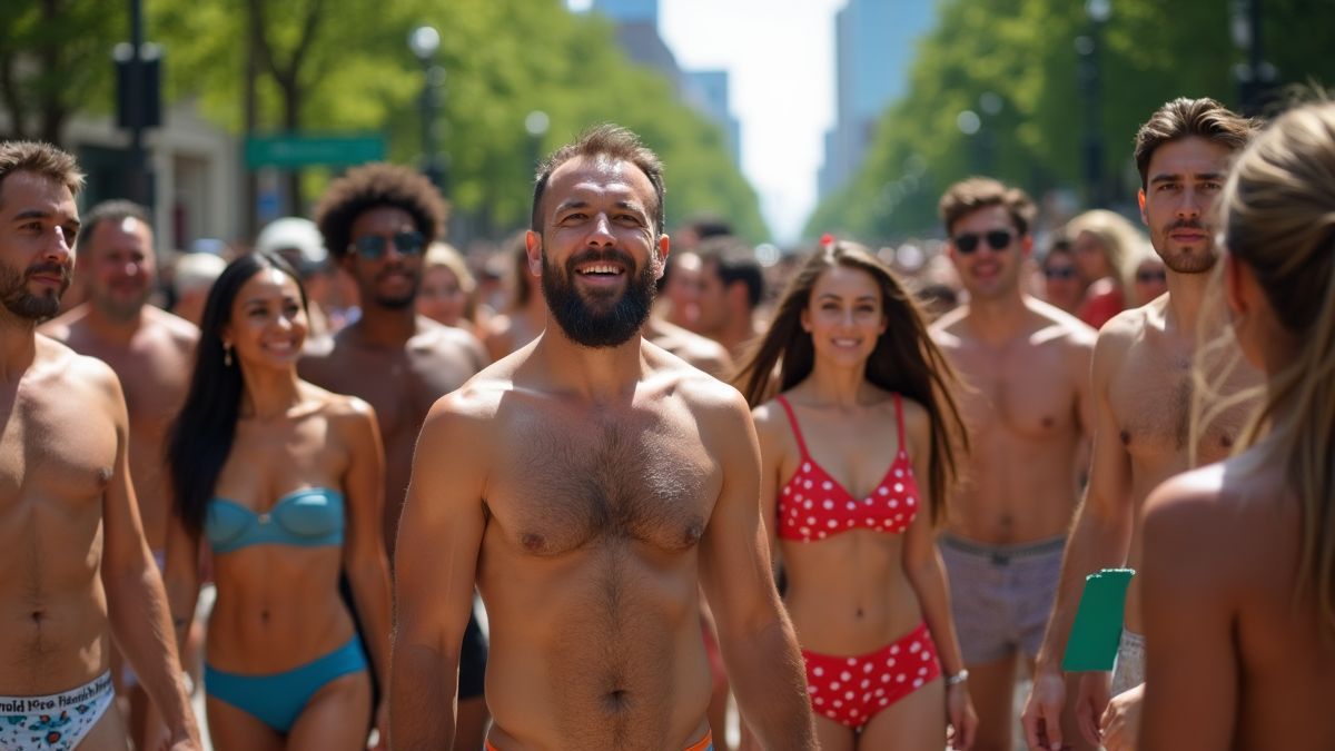 Een levendige bijeenkomst van diverse mensen die Ondergoed Dag vieren in een stadspark.