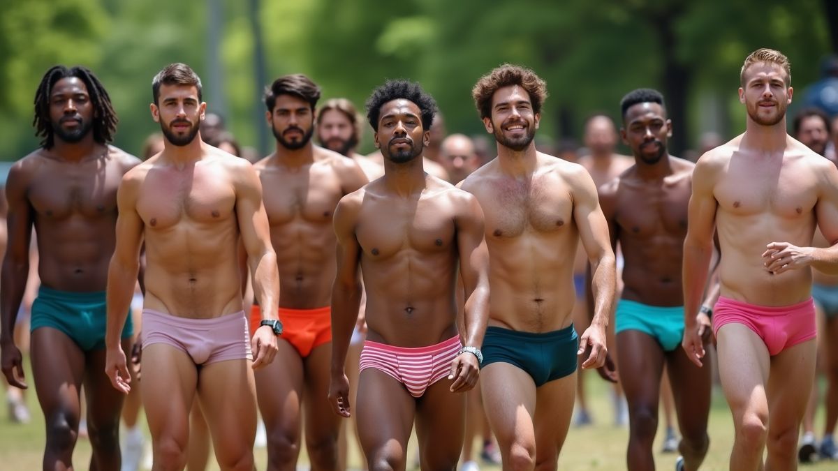 Een levendige bijeenkomst van diverse mensen die Ondergoed Dag vieren in een stadspark.