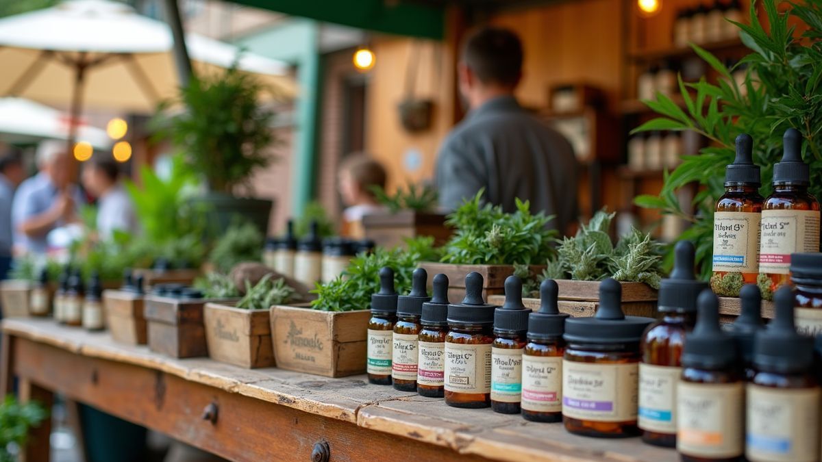 Een levendige boerenmarkt met verschillende CBD-producten