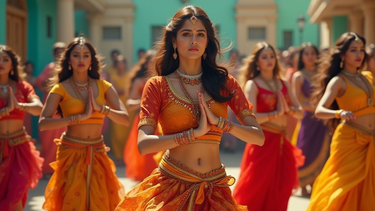 Een levendige Bollywood film scène met kleurrijke kostuums en dansers.