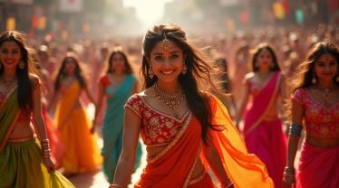 Een levendige Bollywood viering met kleurrijke kostuums en dans.