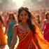 Een levendige Bollywood viering met kleurrijke kostuums en dans.
