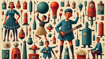 Een levendige collage van uitvindingen die creativiteit en innovatie weergeven.