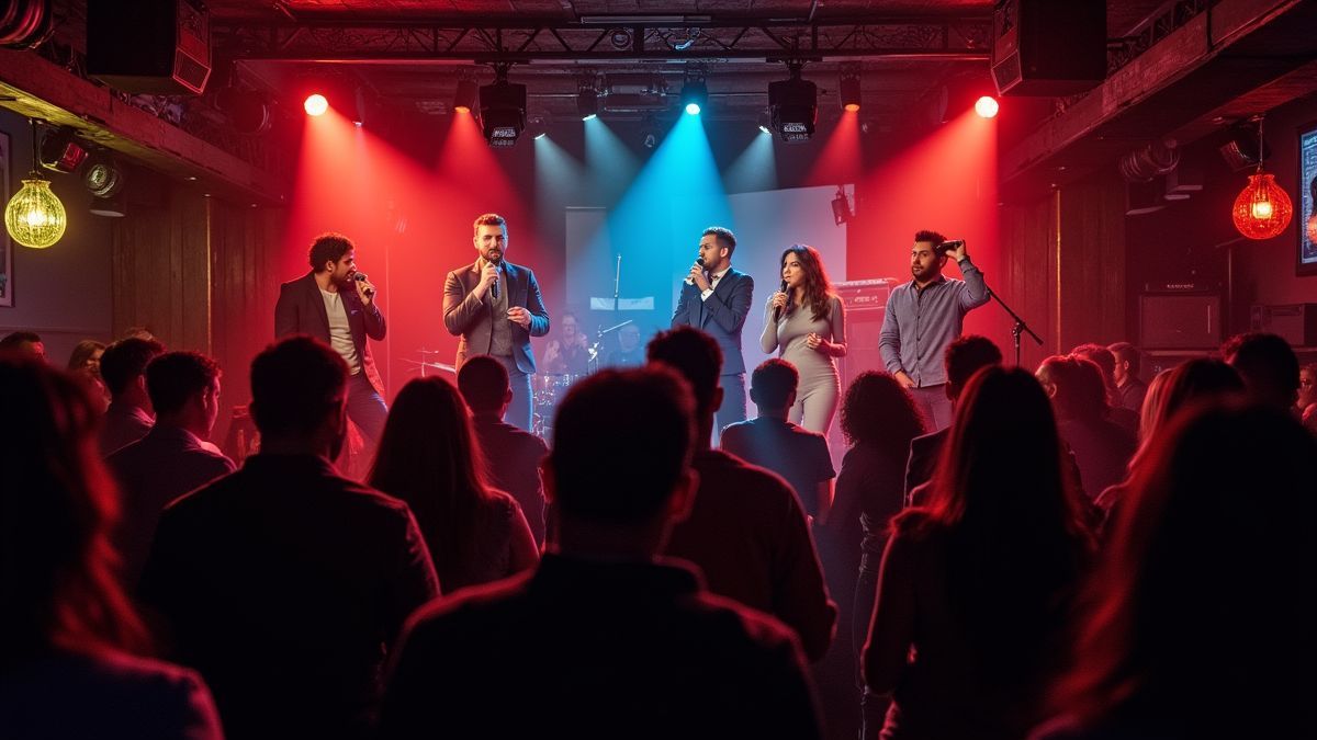 Een levendige comedyclub met optredende komieken.