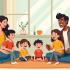 Een levendige familie scène met werkende ouders en kinderen.