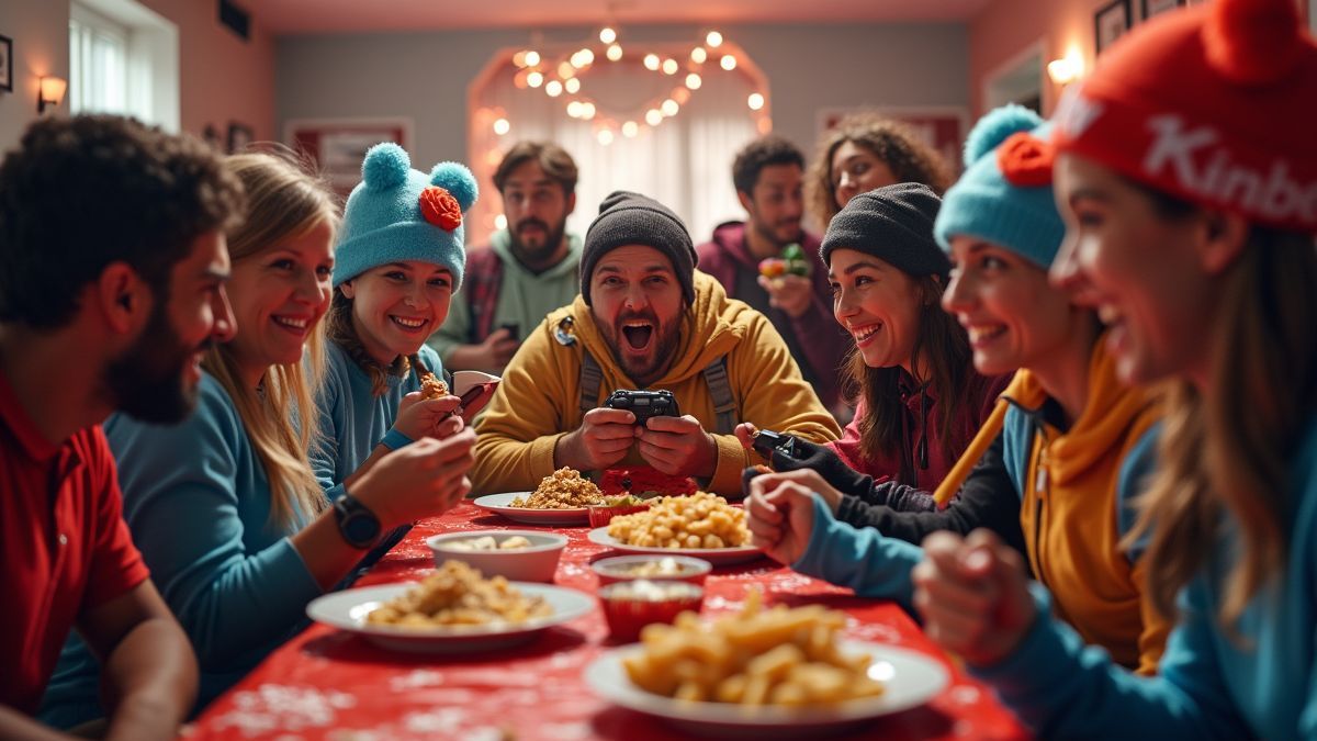 Een levendige feestscène met gamers in kostuums en themasnacks