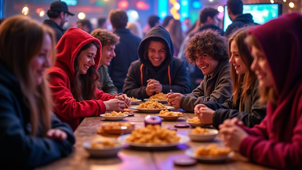 Een levendige feestscène met gamers in kostuums en themasnacks
