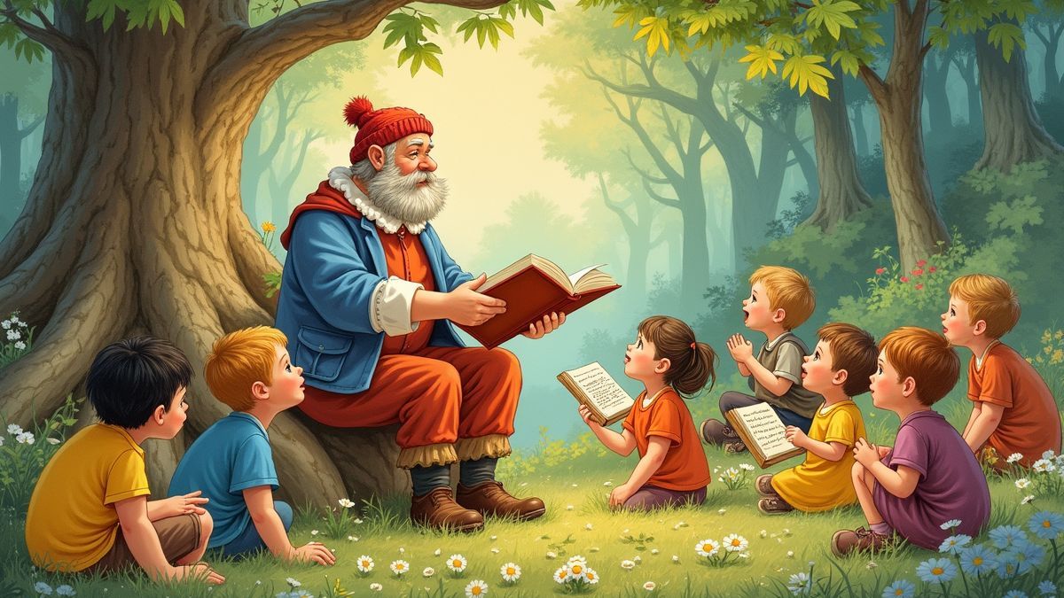 Een levendige illustratie van Edward Lear met kinderen die genieten van poëzie.