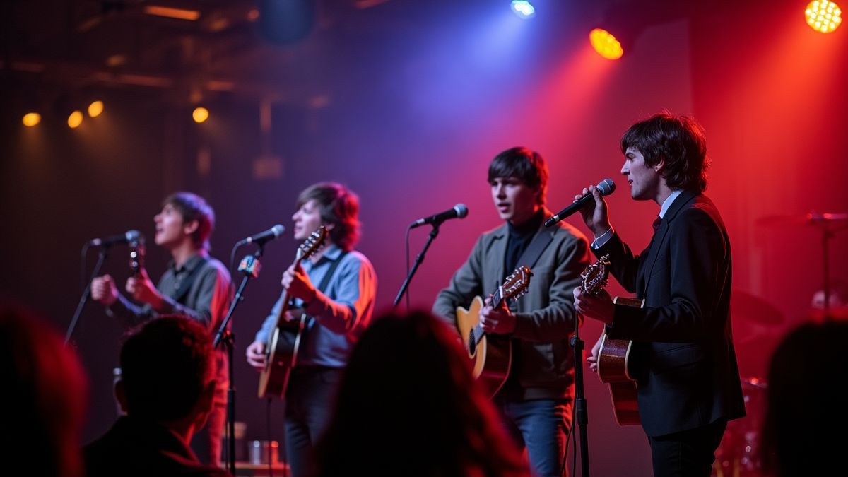 Een levendige karaoke-avond met Beatles-muziek.