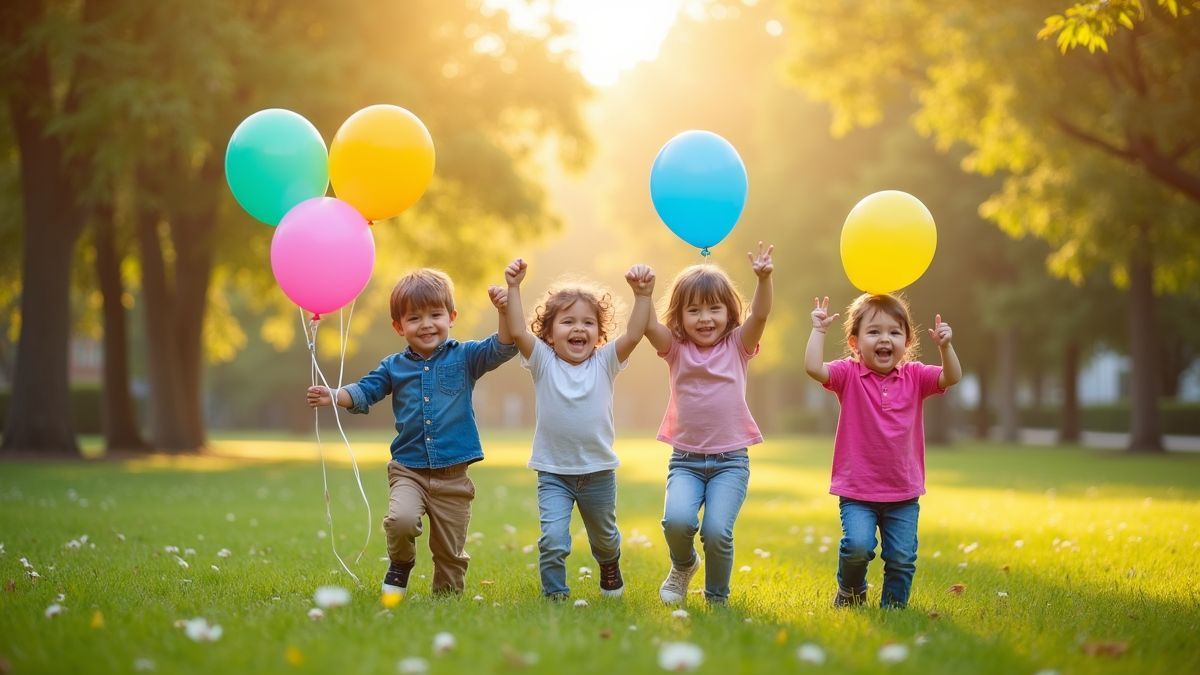 Een levendige kinderviering met ballonnen en blije kinderen
