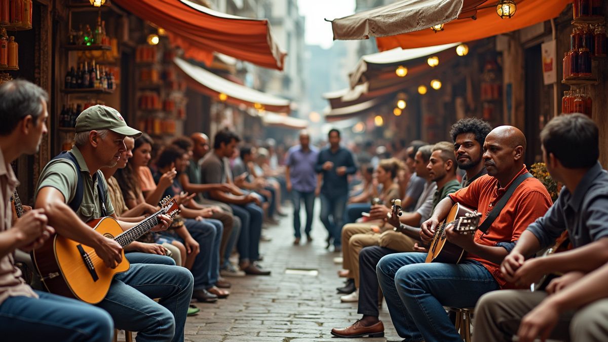 Een levendige markt met muzikanten.
