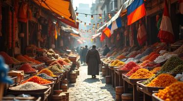 Een levendige marktscene met diverse producten die vrijhandel symboliseren