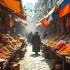 Een levendige marktscene met diverse producten die vrijhandel symboliseren