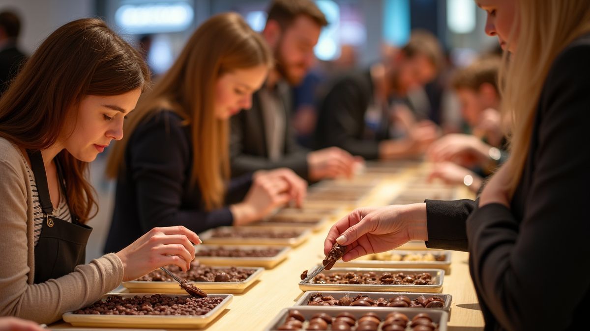 Een levendige scene van het Salon du Chocolat met bezoekers die chocolade proeven.