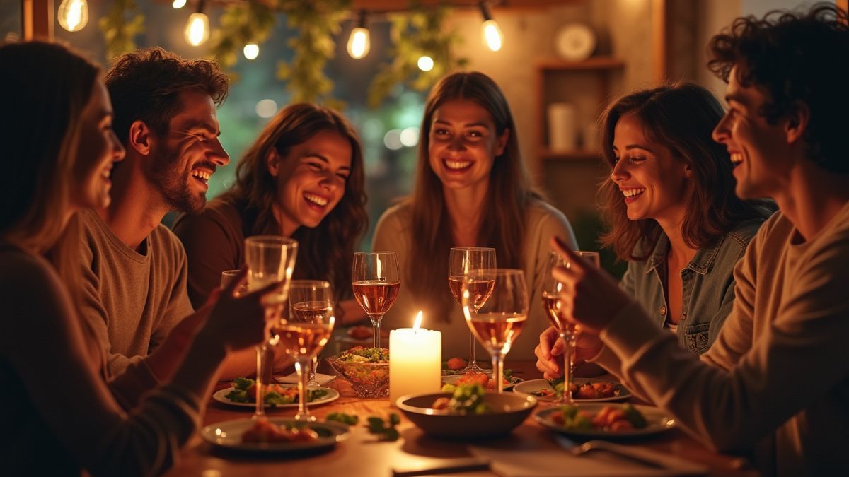 Een levendige scène van een groep vrienden die hun limericks delen in een gezellige setting.