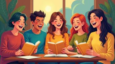 Een vrolijke illustratie van iemand die grappige limericks schrijft met kleurrijke illustraties eromheen.