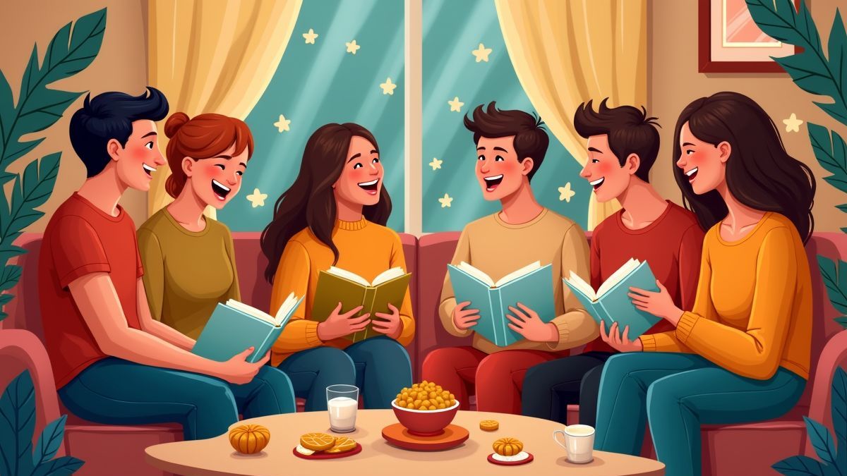 Een levendige scène van een groep vrienden die hun limericks delen in een gezellige setting.