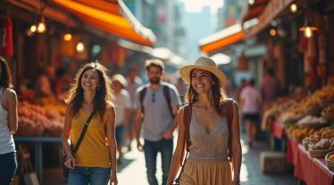 Een levendige stadsmarkt met reizigers die lokaal voedsel en cultuur verkennen.