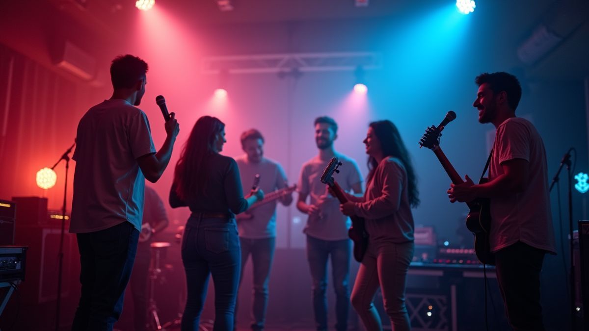 Een levendige thuis karaoke setup met vrienden en drankjes