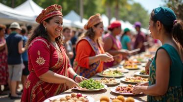 Een levendige viering van multiculturalisme met verschillende culturen en gerechten.