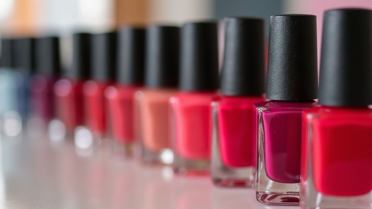 Een levendige weergave van nagellak kleuren op een tafel.