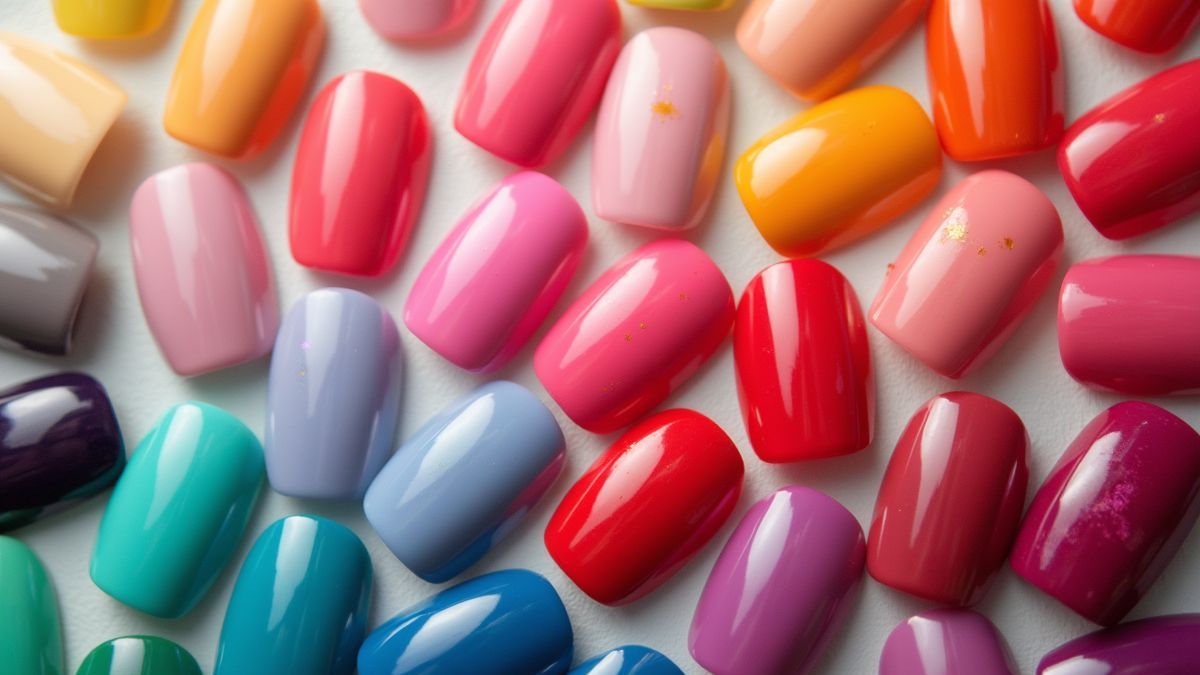 Een levendige weergave van nagellak kleuren op een tafel.