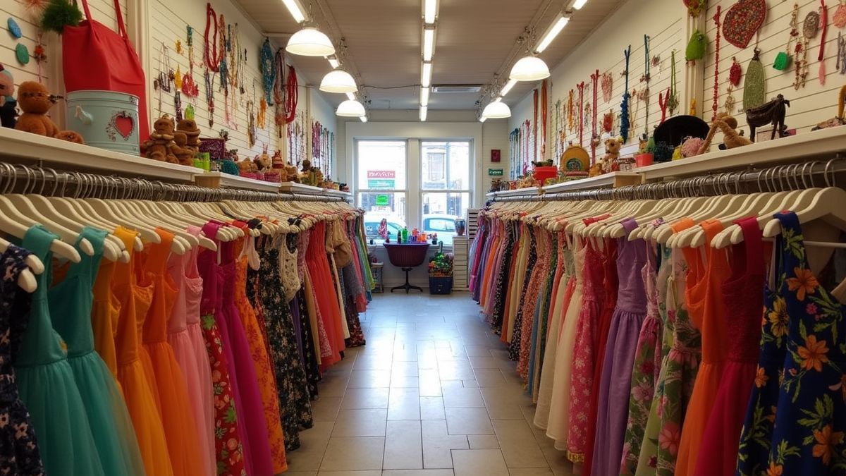 Een lokale boetiek met kleurrijke jurken en accessoires.