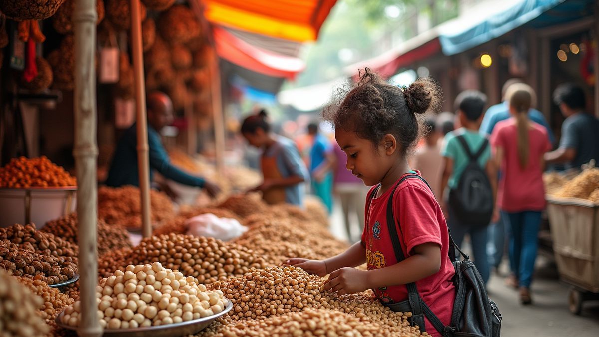 Een lokale markt met notenproducties en bezoekers