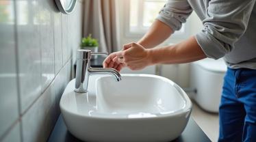 Een loodgieter repareert een moderne wastafel.