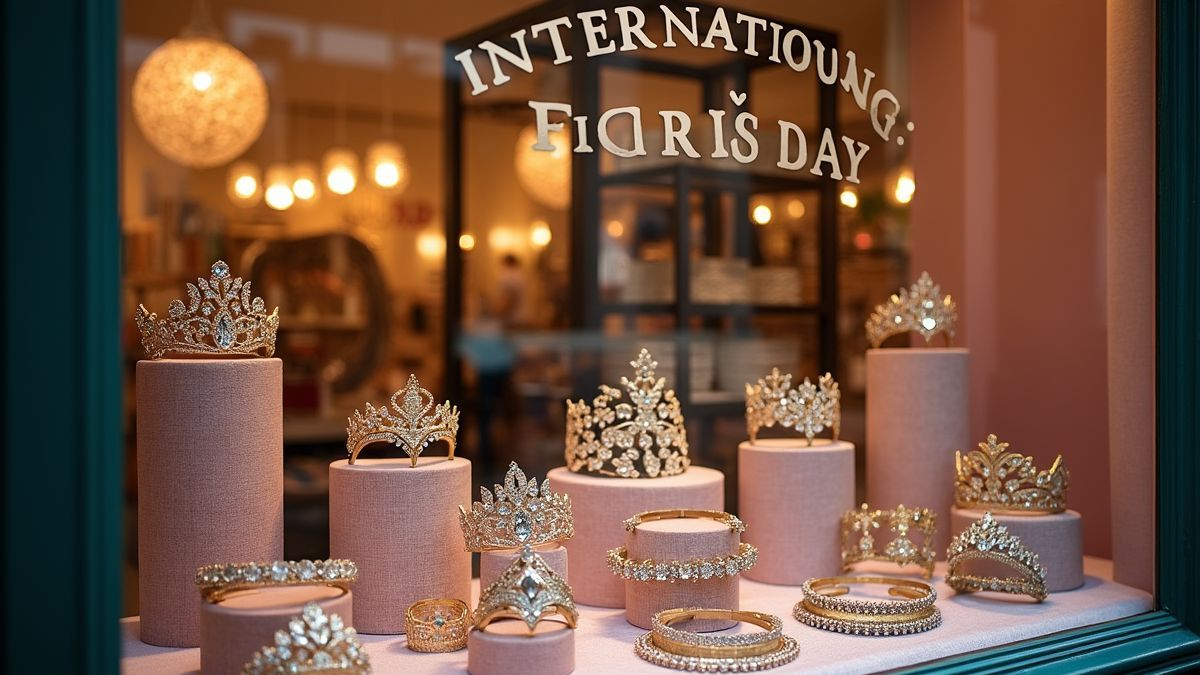 Een luxe etalage met diverse tiara's en accessoires.