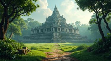 Een majestueus monument omringd door weelderig groen.