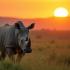 Een majestueuze neushoorn, staande in de Afrikaanse savanne tijdens zonsondergang.